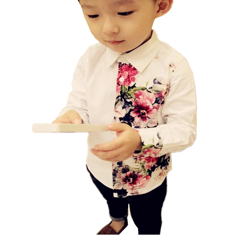 2019 new Chinese style boy long-sleeved shirt simulation printing cotton children's small gentleman spring and summer whit | Детская