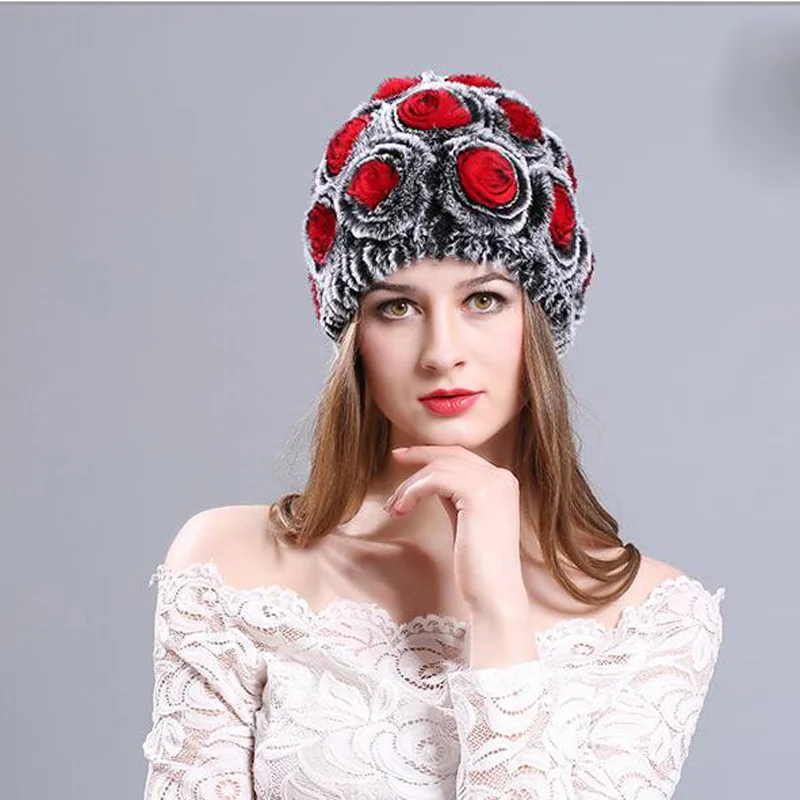 

Autumn Winter Women Floral Knitted Hat Fashion Warm Windproof Female Skullies & Beanies Wrasse Rabbit Hair Girl Cap MZ058