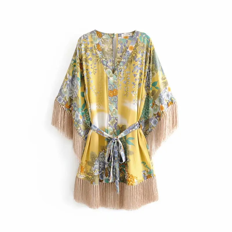 Linjiashop Boho Летнее платье Для женщин прямые кимоно кисточкой с расклешенными рукавами Природные Талия V Шеи женское платье роковой блогер