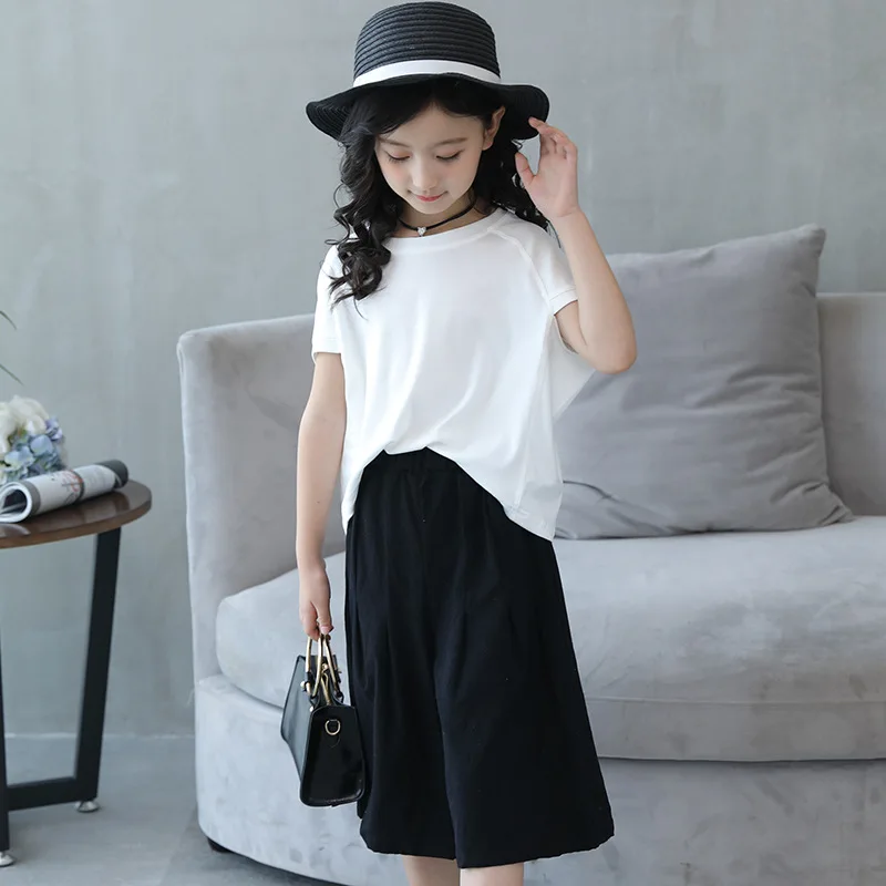 White tops 2pcs set Детская одежда летние комплекты одежды для больших девочек топы с рукавами «летучая мышь»+ свободные штаны комплект одежды из 2 предметов для девочек-подростков, модная одежда - Цвет: White tops 2pcs set