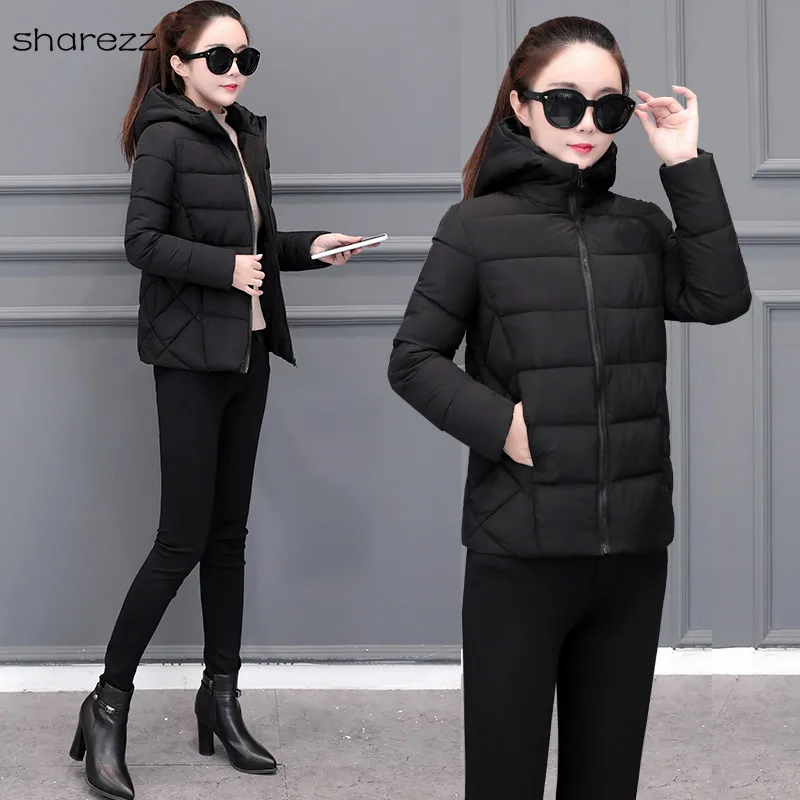 2019 Hooded Women Winter Jacket Short Cotton Padded Womens Coat Autumn Casaco Faminino Inverno Solid Color Parka Stand Collar | Женская