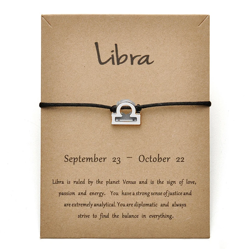 Black Silver Libra Черные цвета золотые карты модные ювелирные изделия 12 созвездия зодиака тканый браслет браслеты для женщин - Окраска металла: Black Silver Libra