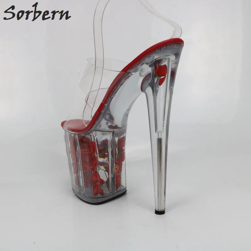 Sorbern красная обувь с милыми цветами Прозрачный каблук тапочки для женщин