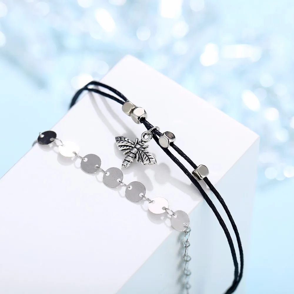 Vintage Antique Silver Color Anklet Women Honey Bee Sequins Geometric Bracelet Charm Bohemian Ankle Boho Foot Jewelry | Украшения и