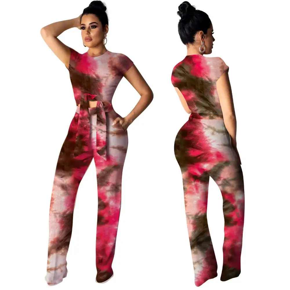 Женский укороченный топ с круглым вырезом и принтом широкие брюки комплект из