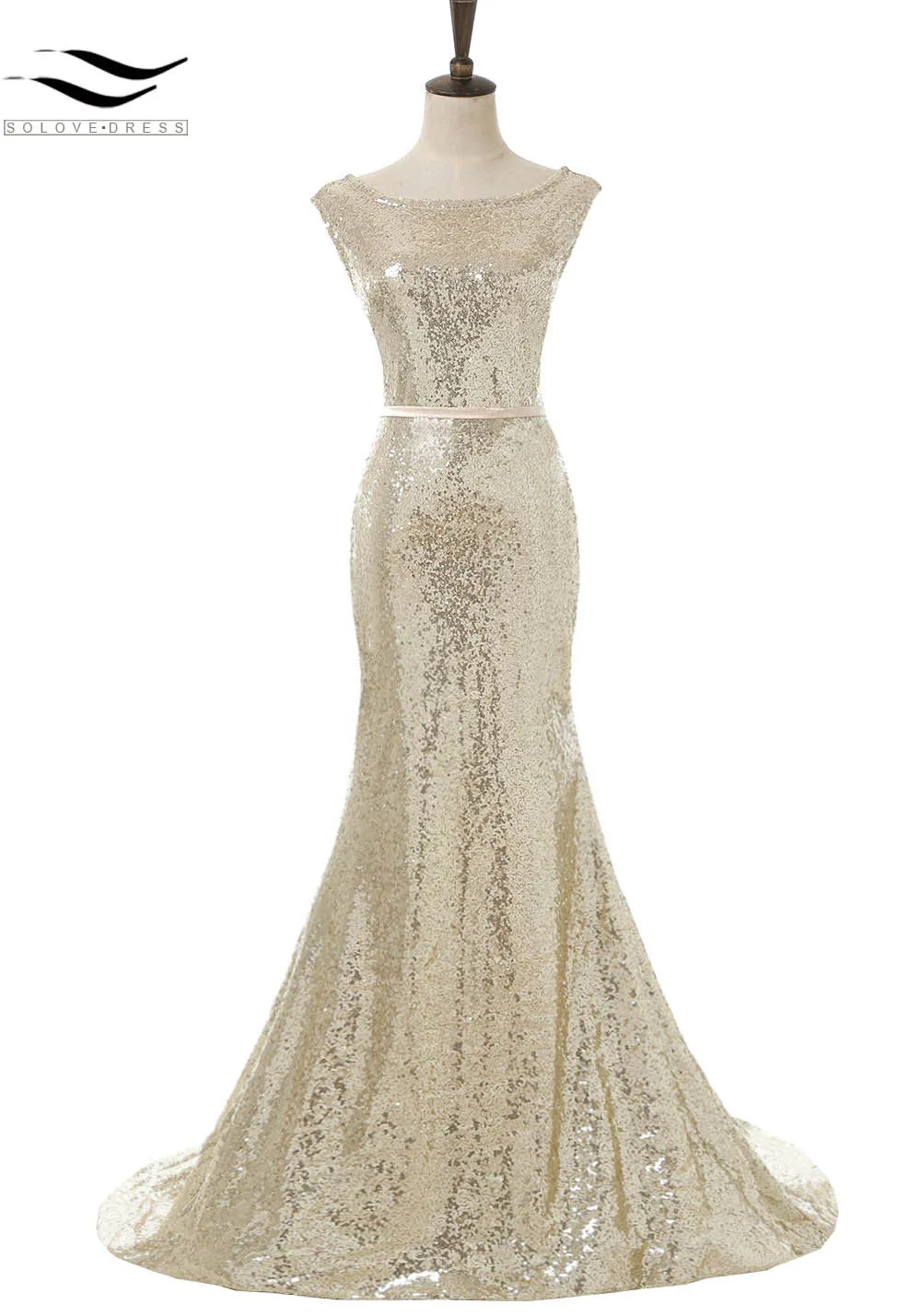 Solovedress эластичная ткань с золотыми блестками Русалка Длинные вечерние платья Кепки с рукавами вечернее платье vestido de fiesta SL-E016 - Цвет: Шампанское