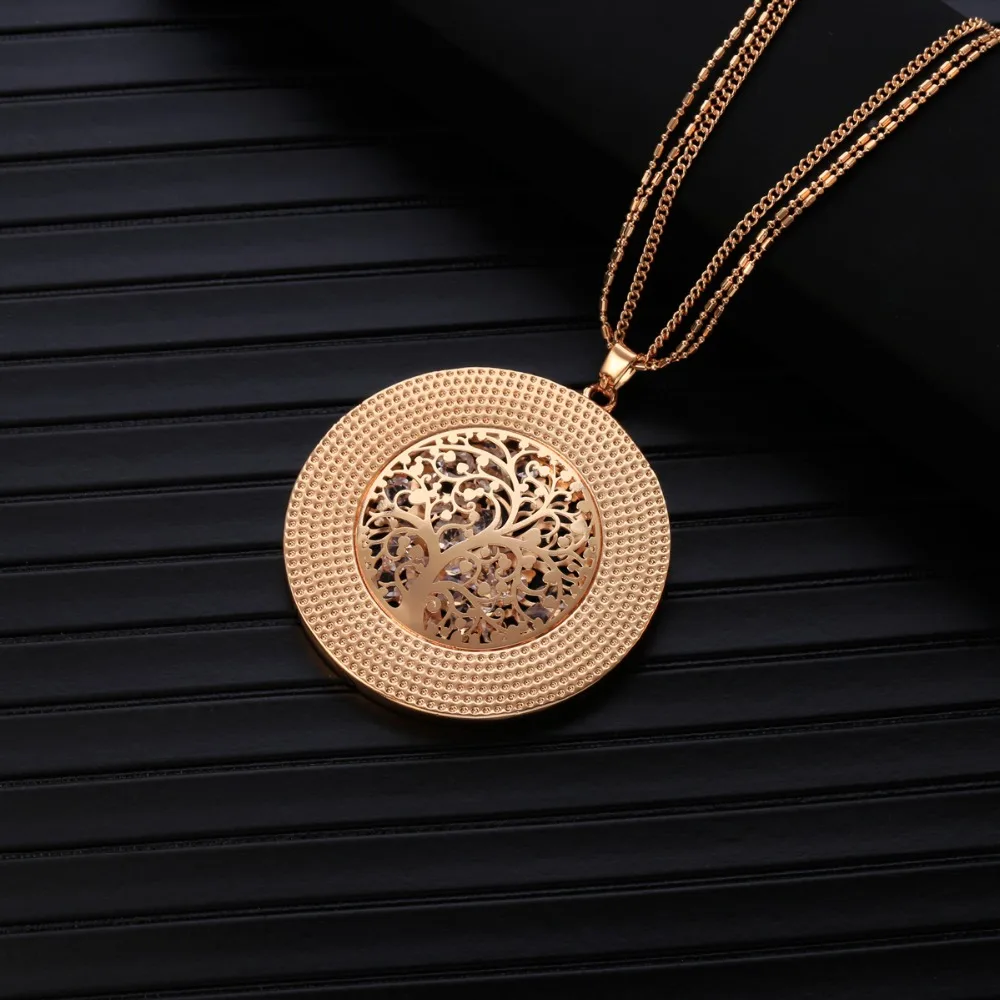 Hollow Inside Crystal Round Tree of life Necklaces& Pendants Long Sweater Chains Crystal Necklace For Women Statement Jewelry