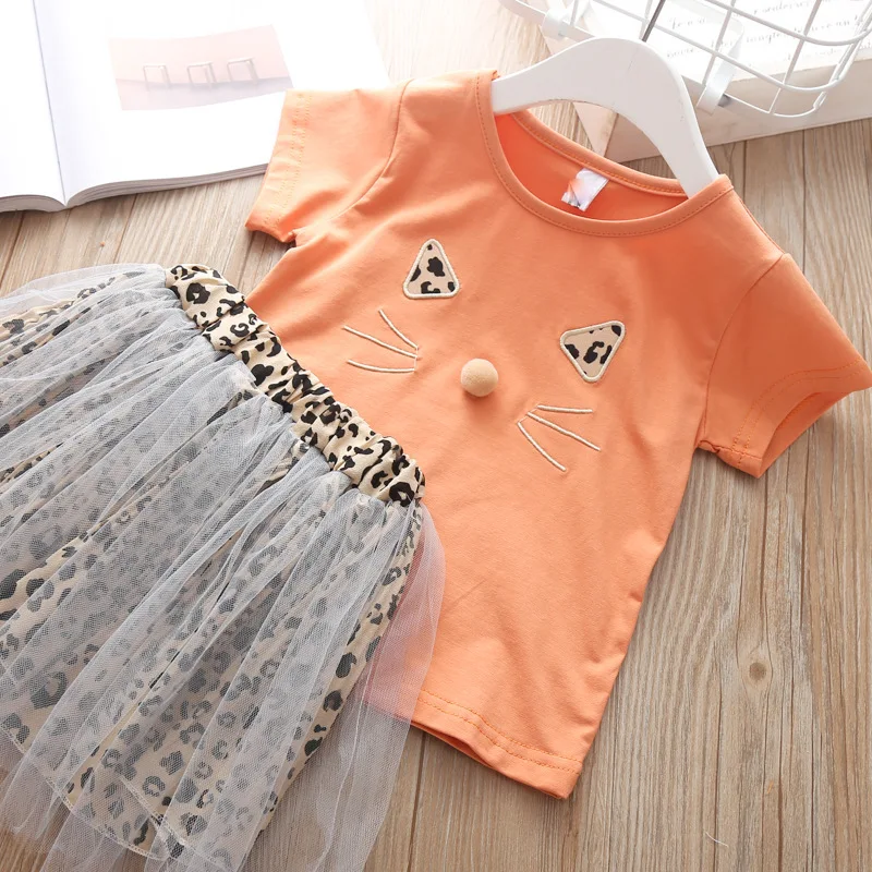 Комплект одежды для маленьких девочек 2019 г. летняя вышивка мультяшного кота