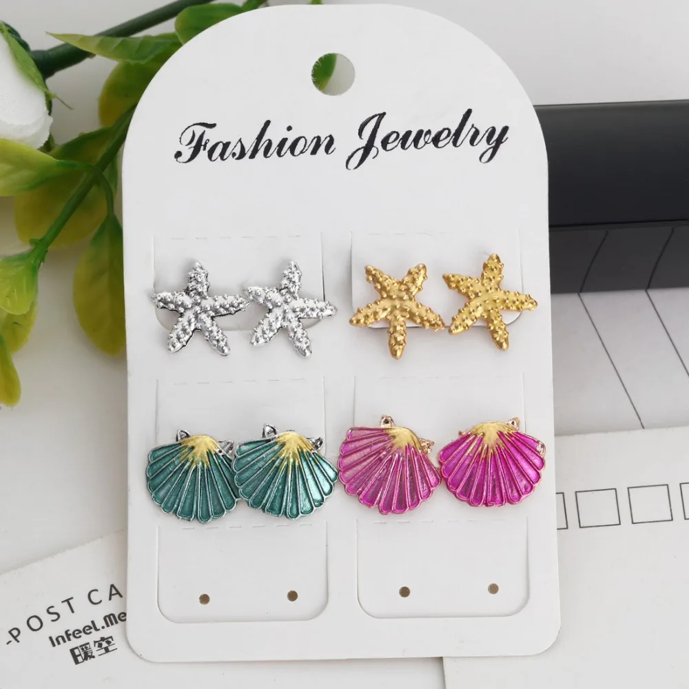 4Pairs/set 2018 Trendy Colorful Conch Stud Earring Seashell Earrings Women Beach Starfish Set Bohemian Jewelry | Украшения и