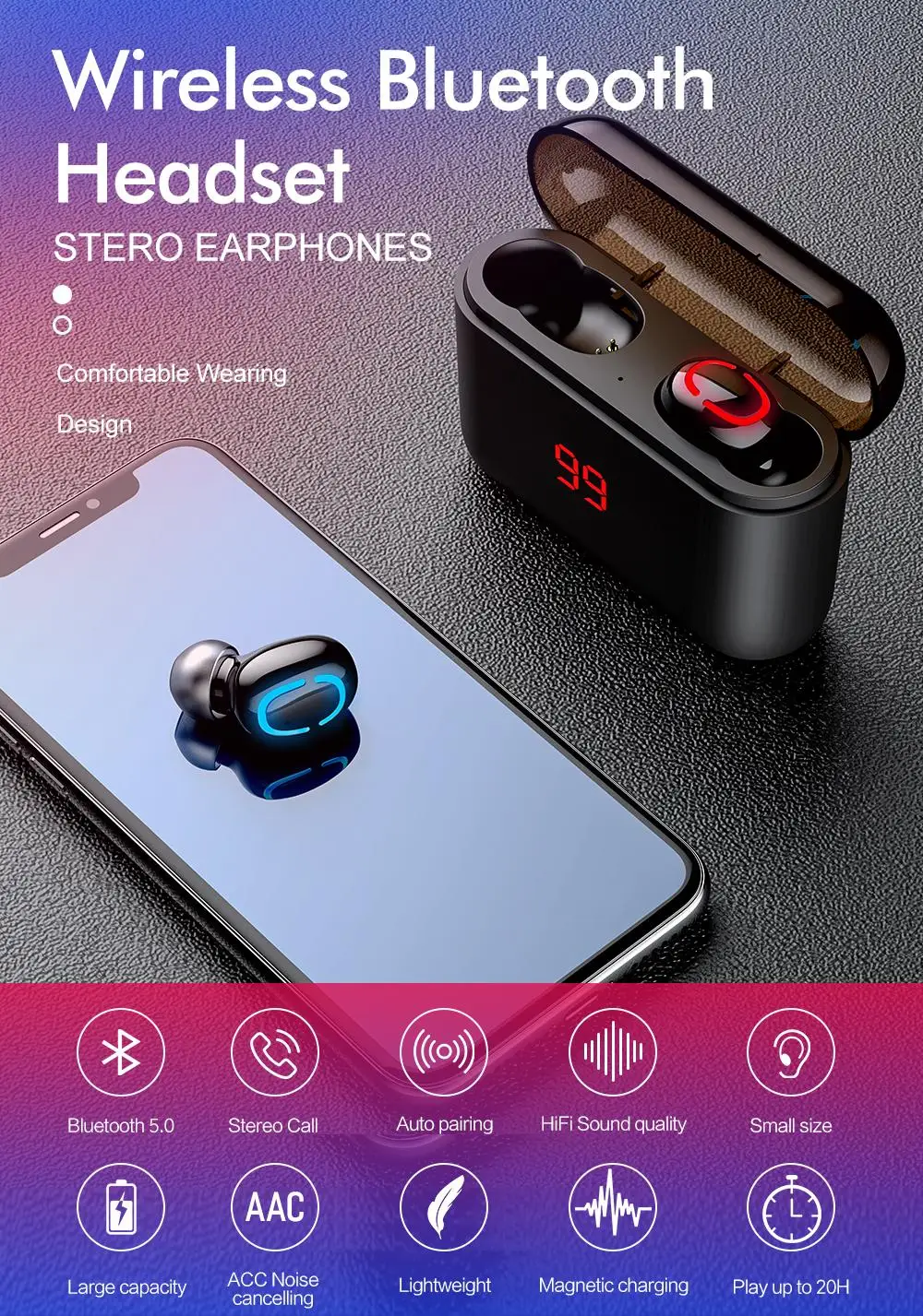 ROCK Bluetooth 5,0 наушники HBQ TWS Беспроводные спортивные наушники с громкой связью 3D стерео игровая гарнитура с микрофоном 1500 мАч зарядная коробка