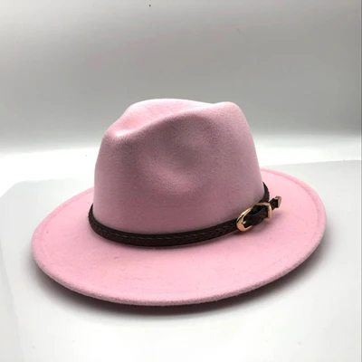 pink Новинка, зима-осень, шерсть, для женщин, мужчин, ремень, для девушек, Fedoras, топ, джаз, шляпа, европейская, американская, круглые шапки, котелок, шапки 55-58 см - Цвет: pink