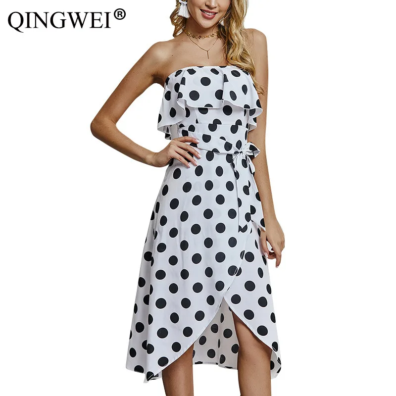 Женское платье с оборками QINGWEI летнее в горошек принтом морском стиле Клубное для