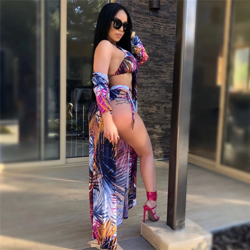 Женский пляжный комплект из 3 предметов кардиган с длинными рукавами топ-труба