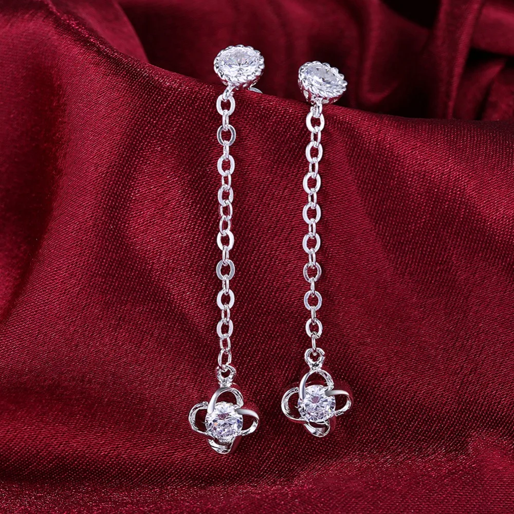 Four leaves Drop Earring 100% Real 925 Jewelry SILVER PLATED High Quality AAA Zircon Double Earrings For Women | Украшения и