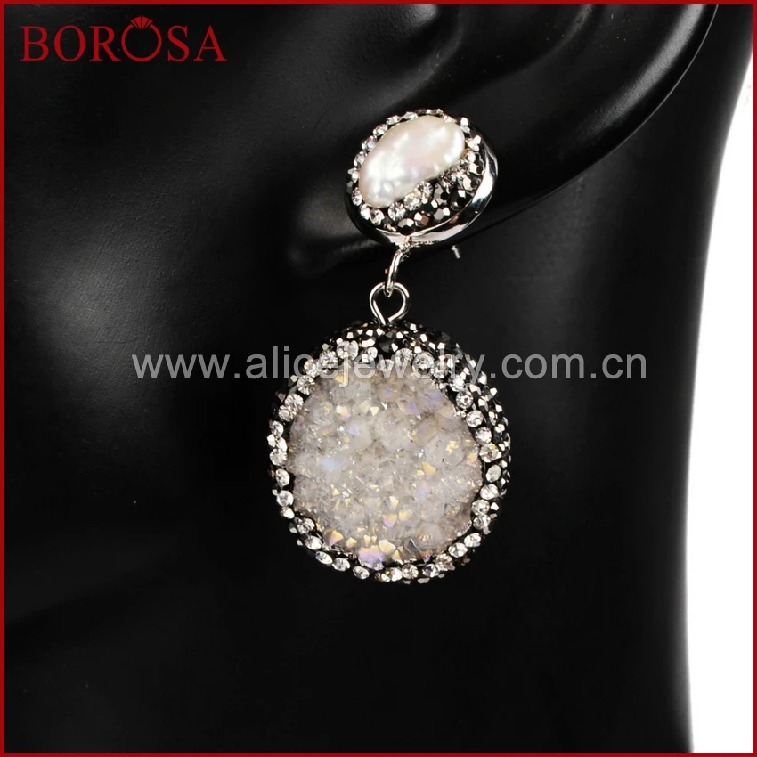 BOROSA кристалл Druzy Титан AB Круглый geode кулон с новым жемчугом Серьги Pave CZ модные серьги Друза JAB162