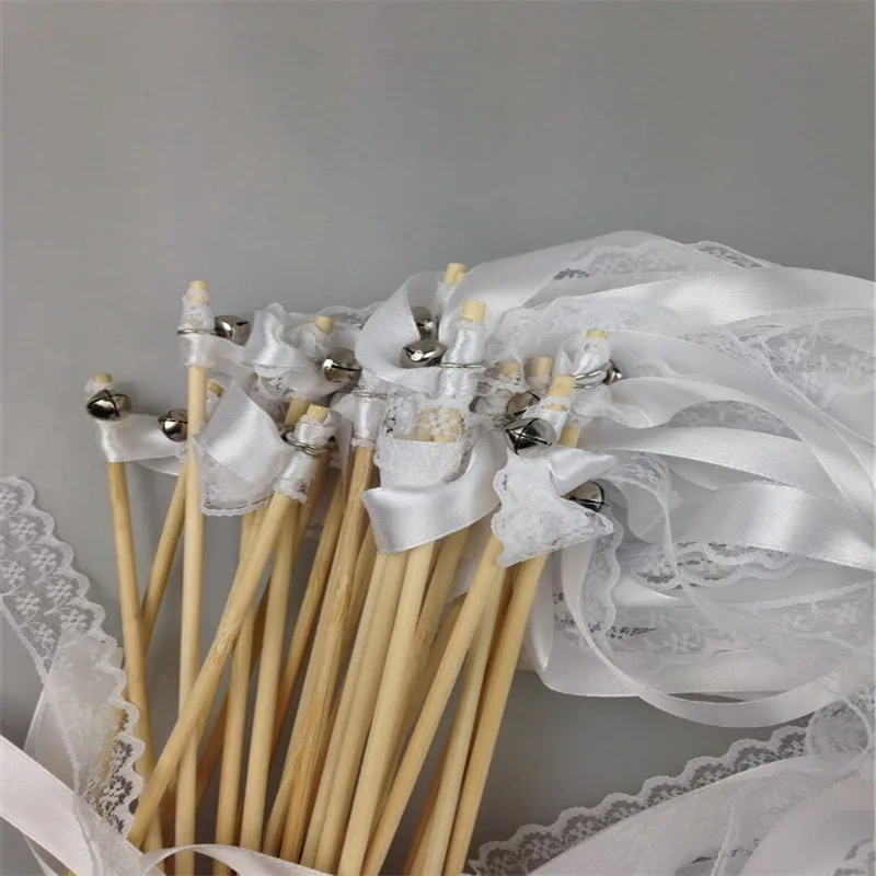

White 20pcs/lot Magic Ribbon Wand Fairy fairy Sticks with Bells Streamers Bubbles customized wedding Decoration Supplies