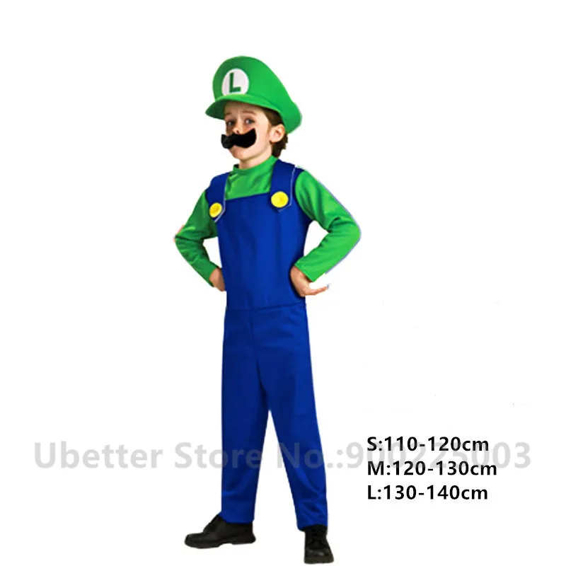 Kids Boys Green Halloween Cosplay Super Mario Bros Costume For Kids Adults Funny Party Wear Cute Plumber Mario Luigi Set Children Clothes C011 - Color: Kids Boys Green