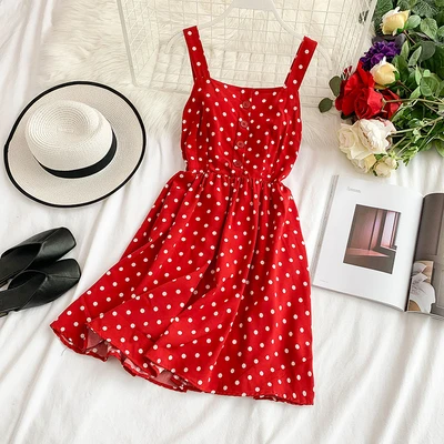 smalldot red ALPHALMODA летнее женское популярное платье в горошек на бретелях с эластичной талией и высокой талией, короткое летнее шифоновое платье для отдыха - Цвет: smalldot red