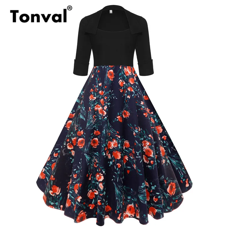 Tonval, винтажное Цветочное платье миди 1950 s, Ретро стиль, рокабилли, квадратный воротник, черные платья для женщин, осень, 3/4 рукав, платье - Цвет: Orange Flower