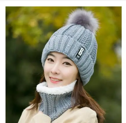 gray Hat bib set Теплая вязаная зимняя женская шапка для девочек, шерстяные шапочки Skullies с буквой B, бархатная шапка, шапка-маска, Женская Балаклава, шарф, шапка - Цвет: gray Hat bib set