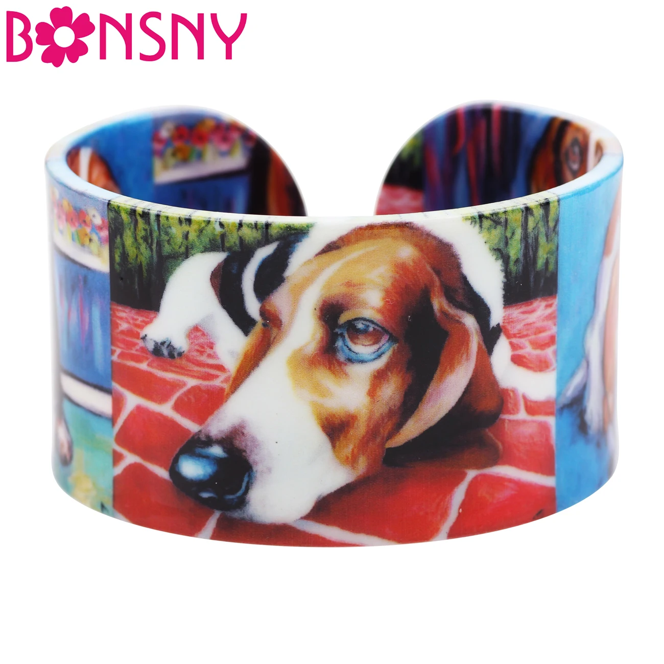 Bonsny акриловый узор широкая любовь Basset Hound браслеты для женщин Новая мода животное