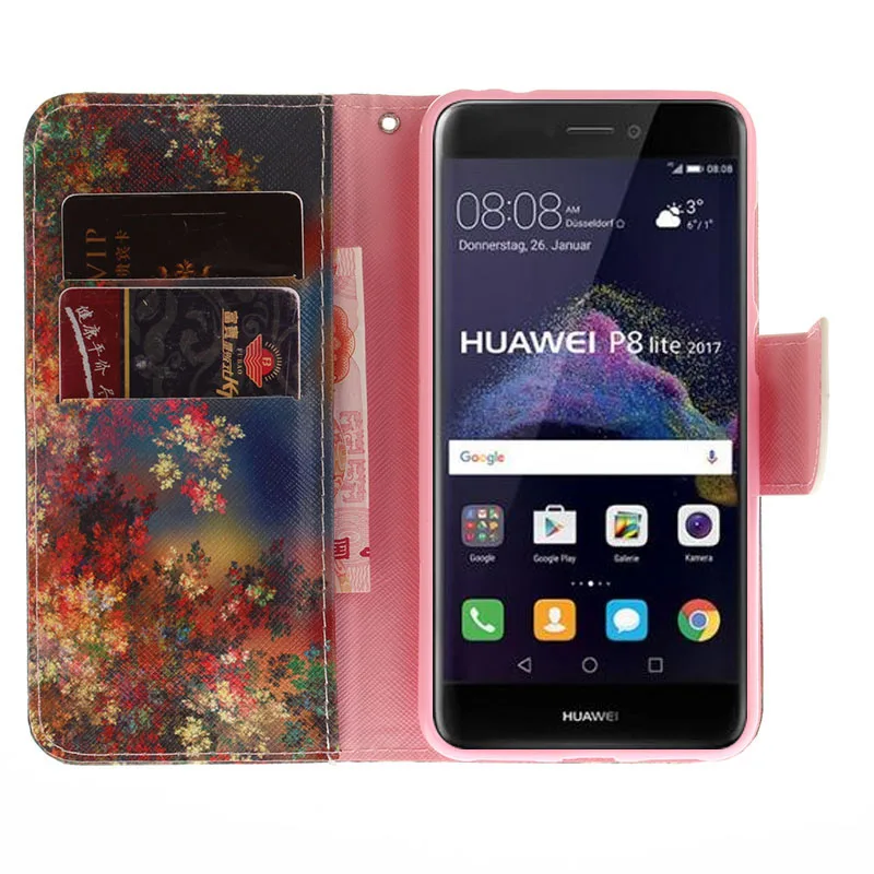 Цветной кожаный чехол книжка с подставкой и рисунком для Huawei P8 Lite 2017 / P10 P9 чехлы