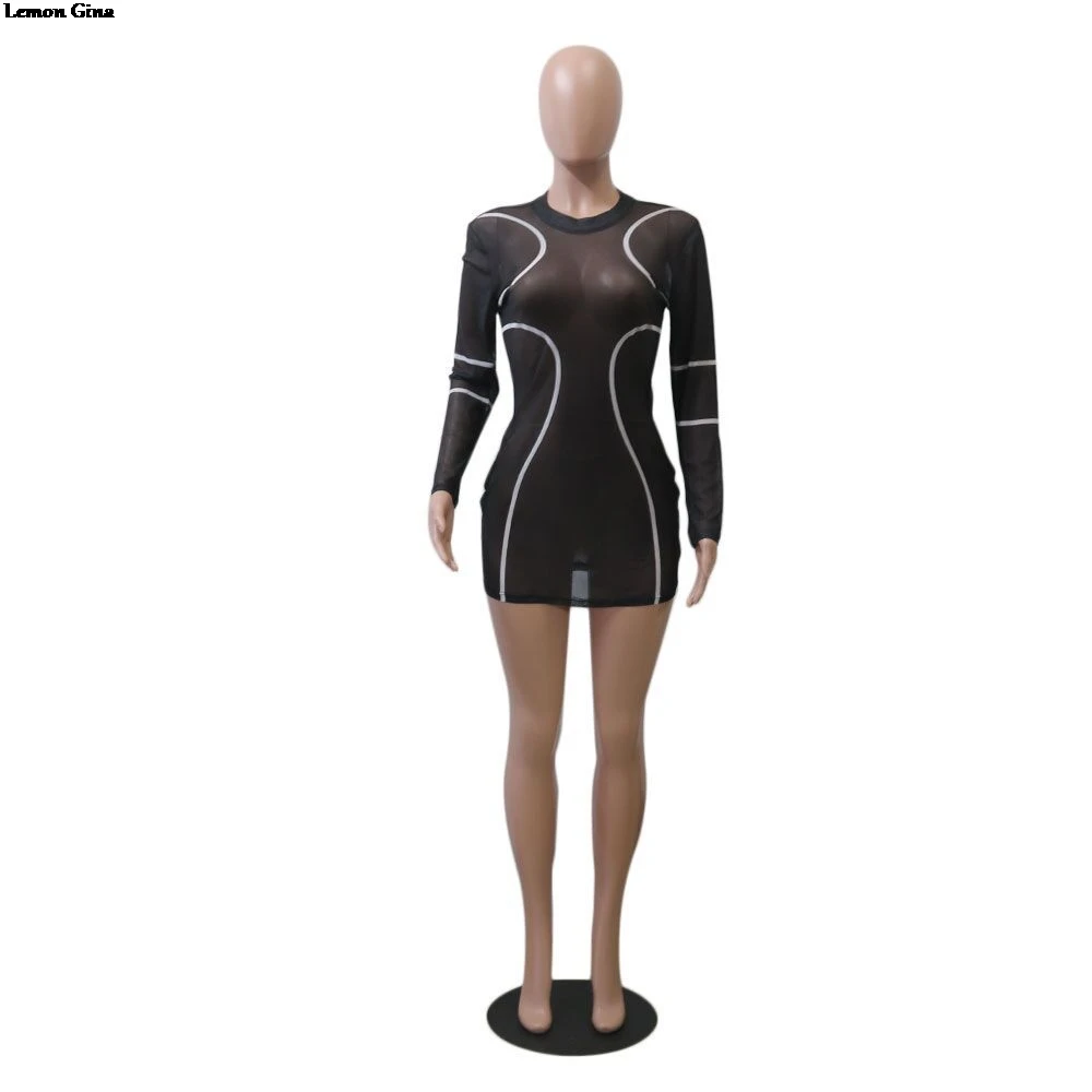 Женское облегающее мини платье миди Lemon Gina черно белое Сетчатое с длинными