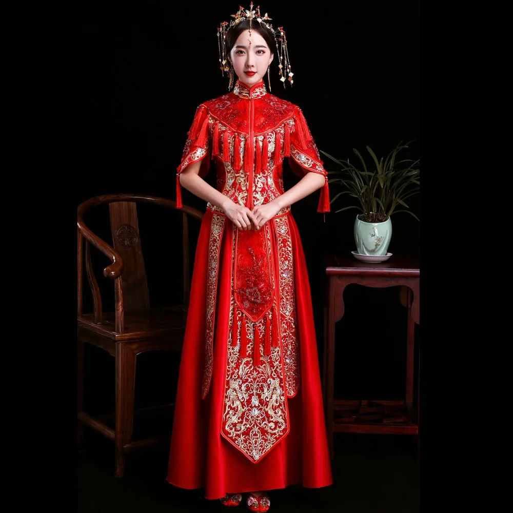 Красный дракон платье невесты Китайский традиционный свадебный костюм Феникс