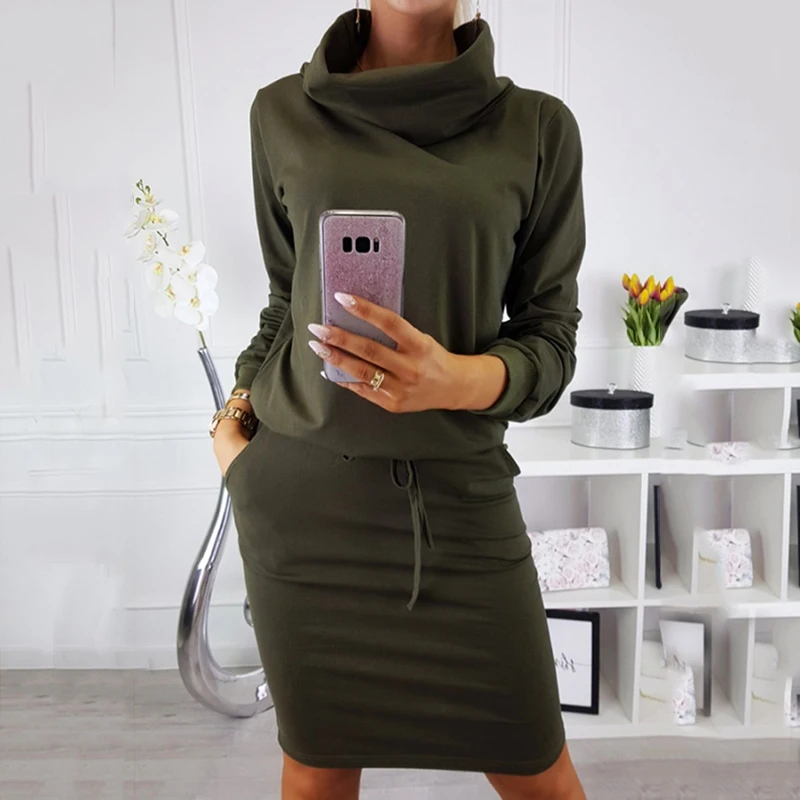 Водолазка пояса Короткие женское платье тонкий длинный рукав карманов Женское