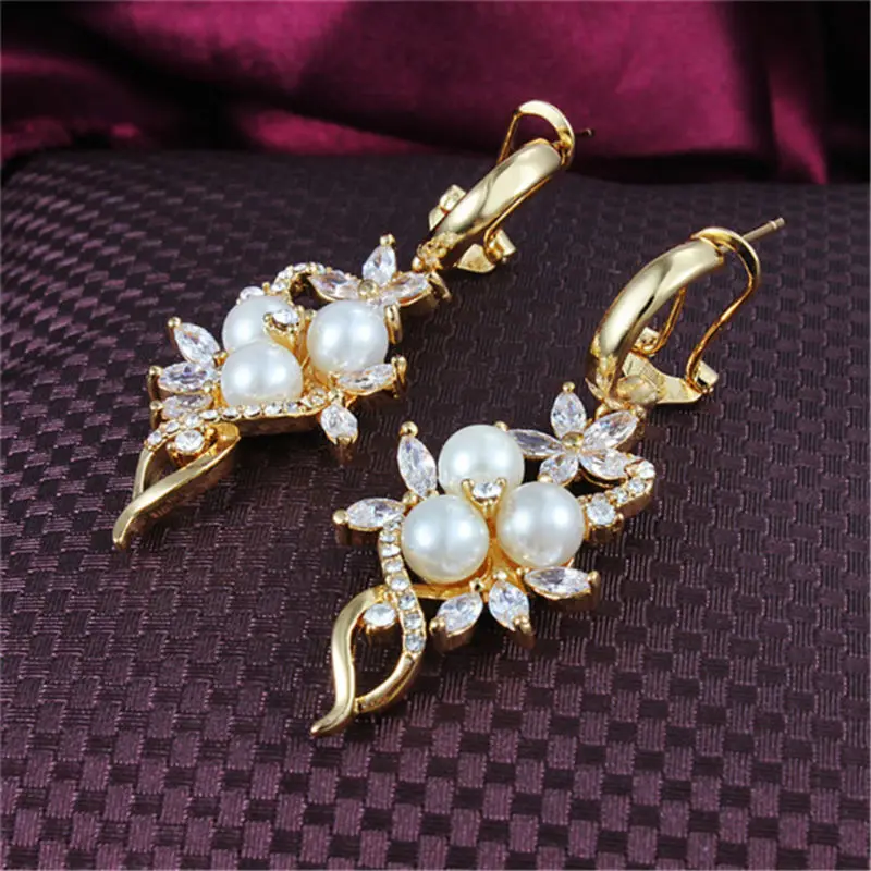 Новое поступление цветок Beads18K Gold Filled длинные висячие серьги покрытием модные жемчужные украшения для женщин белый циркон Девушка свадебный подарок