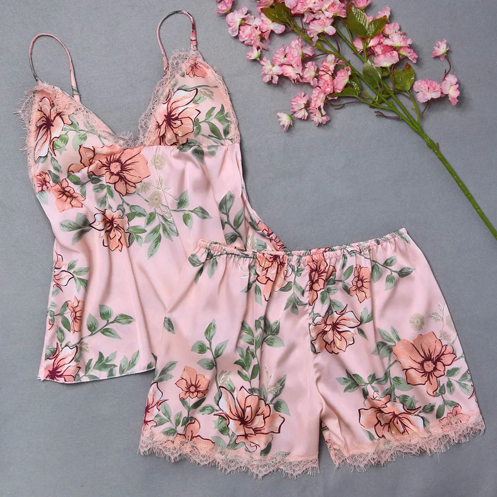 

Womail 2019 Four Season Fashion Sexy Flower Lace Sleepwear halter print pajamas set Solid Colour Set sleepwear W30605