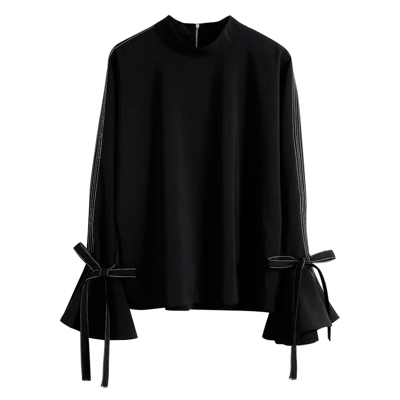 

2019 new design bow flare sleeved women blouse office lady loose solid elegant black shirts female outwears tops