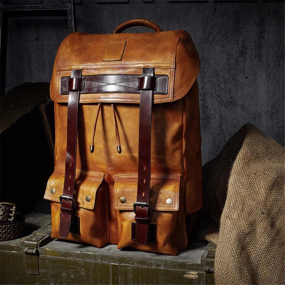 

Classic business Backpack Men's minimalist computer bag Cow Leather large capacity Daypack travel Moto Biker Genuine leather bag