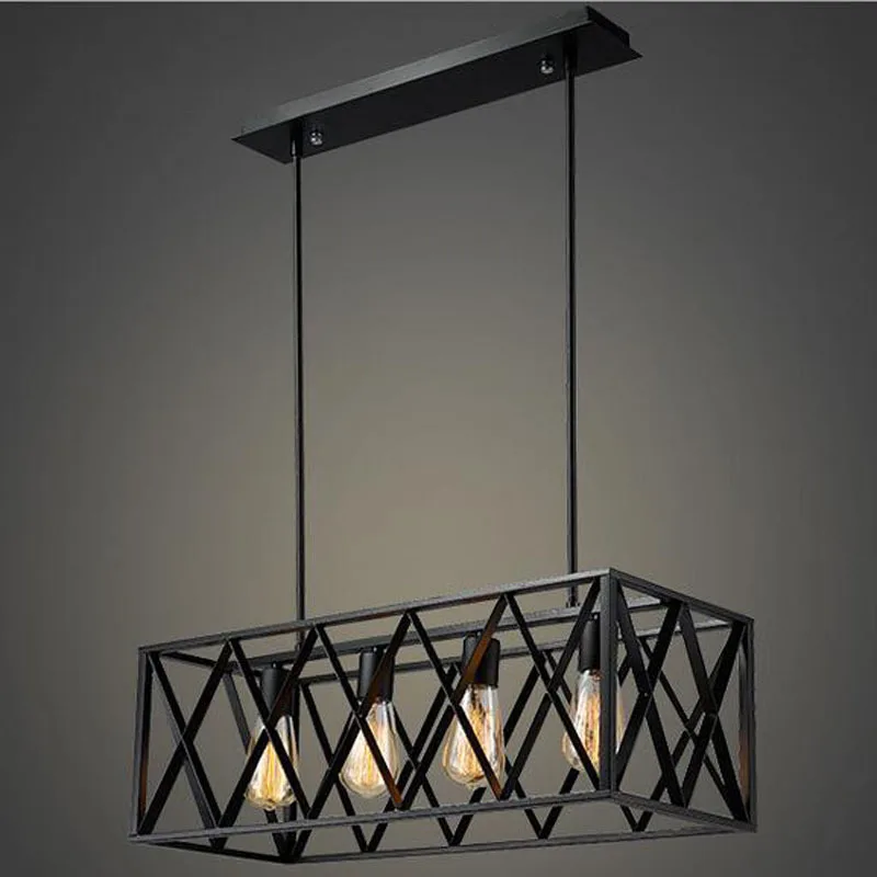 

American Rrtro Black Pendant Light With LED E27 Bulbs Creative LOFT Iron Lamp For Foyer Restaurant Rectangular
