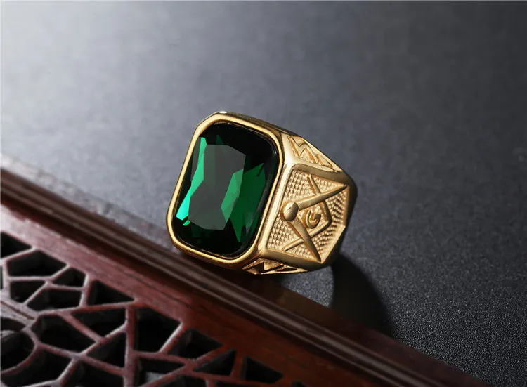 Новые золотые мужские винтажные масонские кольца FreeMason модные из нержавеющей стали с драгоценным камнем высокого качества мужское кольцо ювелирные изделия Хип-хоп - Цвет основного камня: green gem