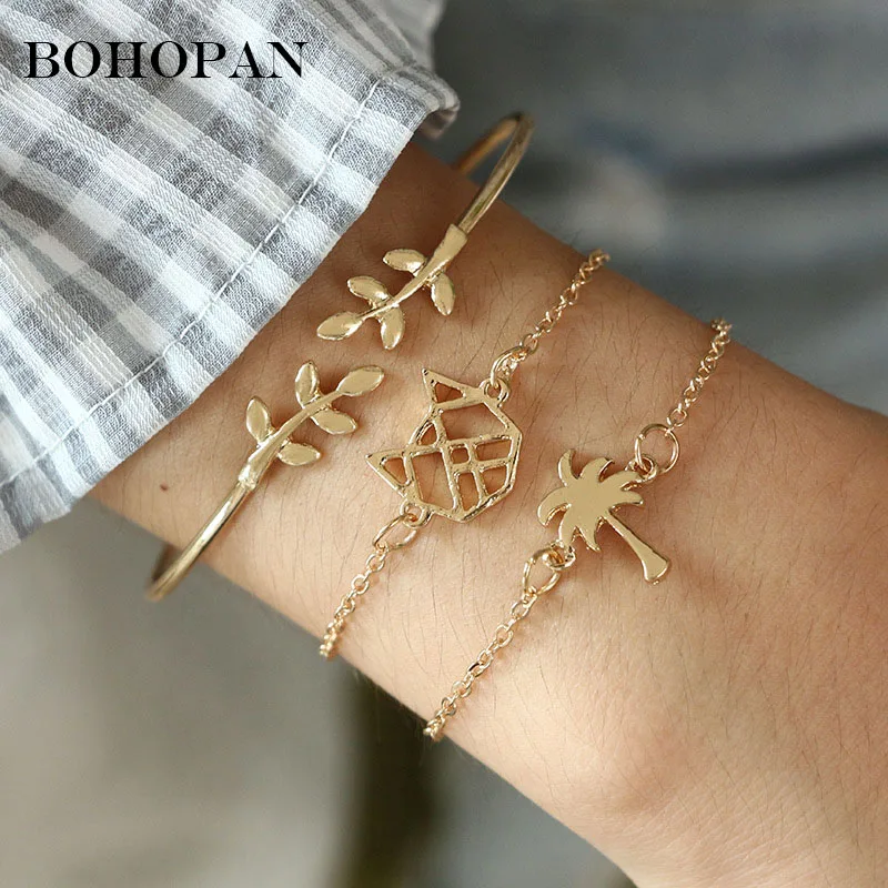 

3 Pairs Gold Alloy Bracelets For Women Simple Tree Cat Leaf Bracelets&Bangles Fashion Jewelry Adjustable Pulseras Mujer Party
