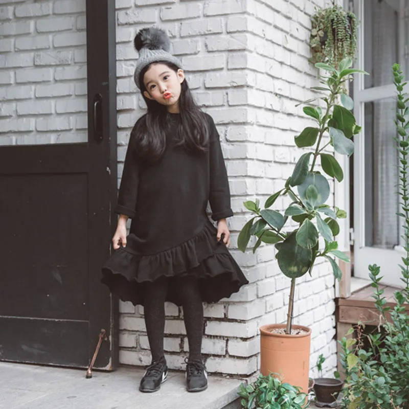 Big Kids Dresses For Girls Ruffle Cotton Long Sleeve Dress Princess Party Black Frocks Teens Girl Fashion Children Clothes 4-14Y | Детская