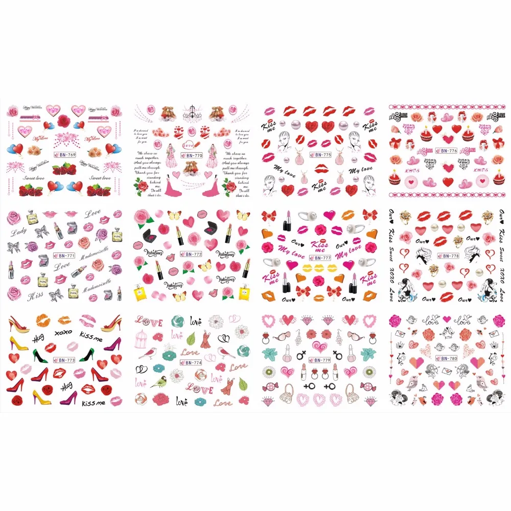 Uprettego 12 упак./лот воды Наклейка ногтей nail стикер Валентина Lip stick Высокий каблук обувь флакон духов Роза BN769-780