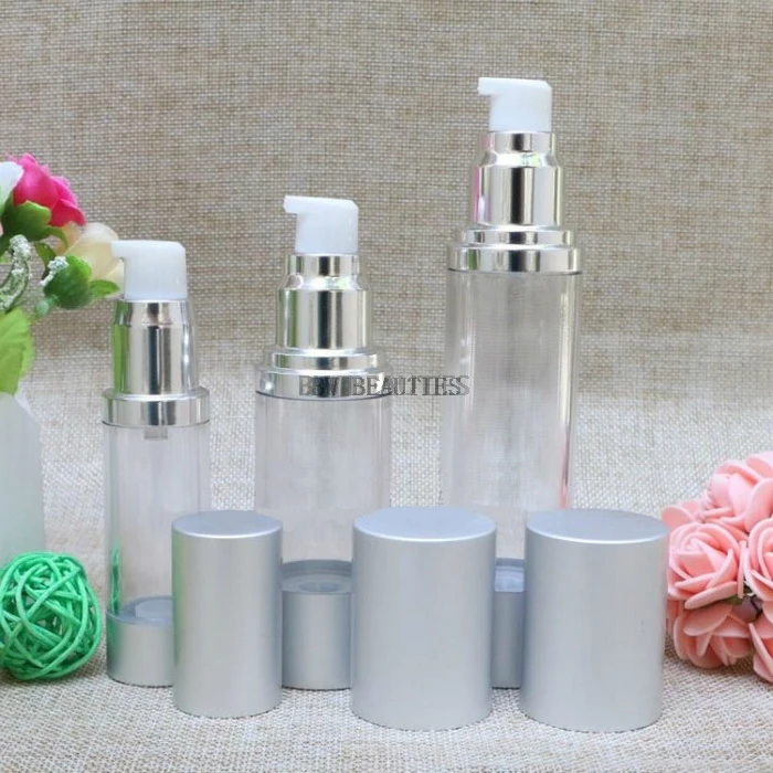 

300pcs/lot 15ml 30ml 50ml Empty Airless Perfume Bottle Cosmetic Vacuum Flask Silver Pump Bottle Emulsion Bottle Essence Vials