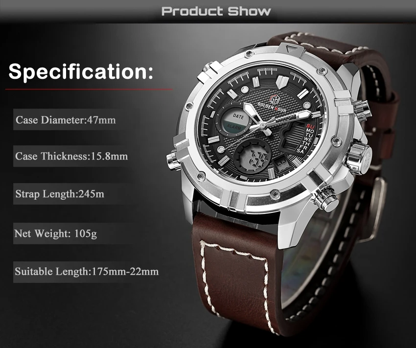 Relogio Hombre GOLDENHOUR кожаные спортивные мужские часы Автоматические цифровые военные кварцевые мужские наручные часы Relogio Masculino