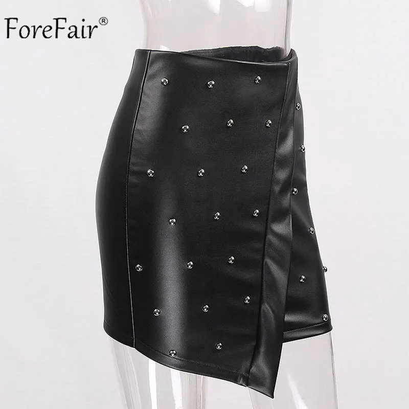 Forefair, украшенная бисером, высокая талия, кожаная юбка для женщин, осень, хиппи, заклепки, перекрещивающиеся, обёрточная бумага, искусственная кожа, сексуальная юбка-карандаш, черная, Зимняя