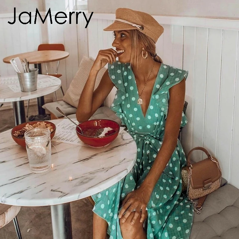 Женское платье миди JaMerry пляжное в горошек с поясом и оборками лето 2019|Женские