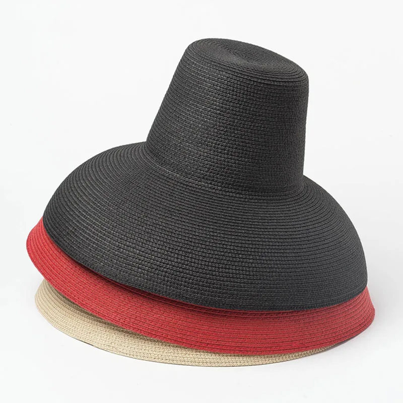 New Women Floppy Lamp Sun Hat Red Black Beige Wide Brim Sunshade Summer Beach Hat High Top Foldable Straw Cap Anti-UV Travel Hat