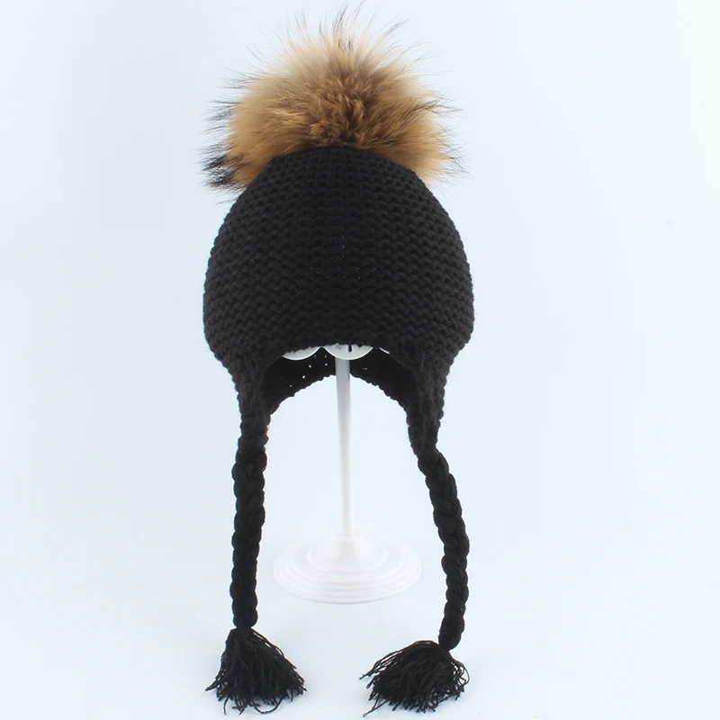 Настоящий помпон из меха енота Beanie шапки для детей мальчиков и девочек Babay зимняя