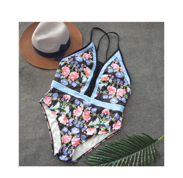 Цельный купальник с цветочным принтом женский Новинка лета 2018 купальный костюм
