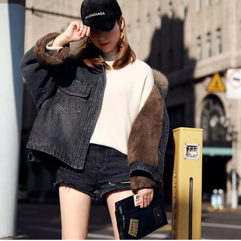 QAZXSW Spring Autumn Women Denim Jacket Plus Size Thick Jeans Coat Fur Collar Bomber Harajuku Casaco Feminino HB546 | Женская одежда