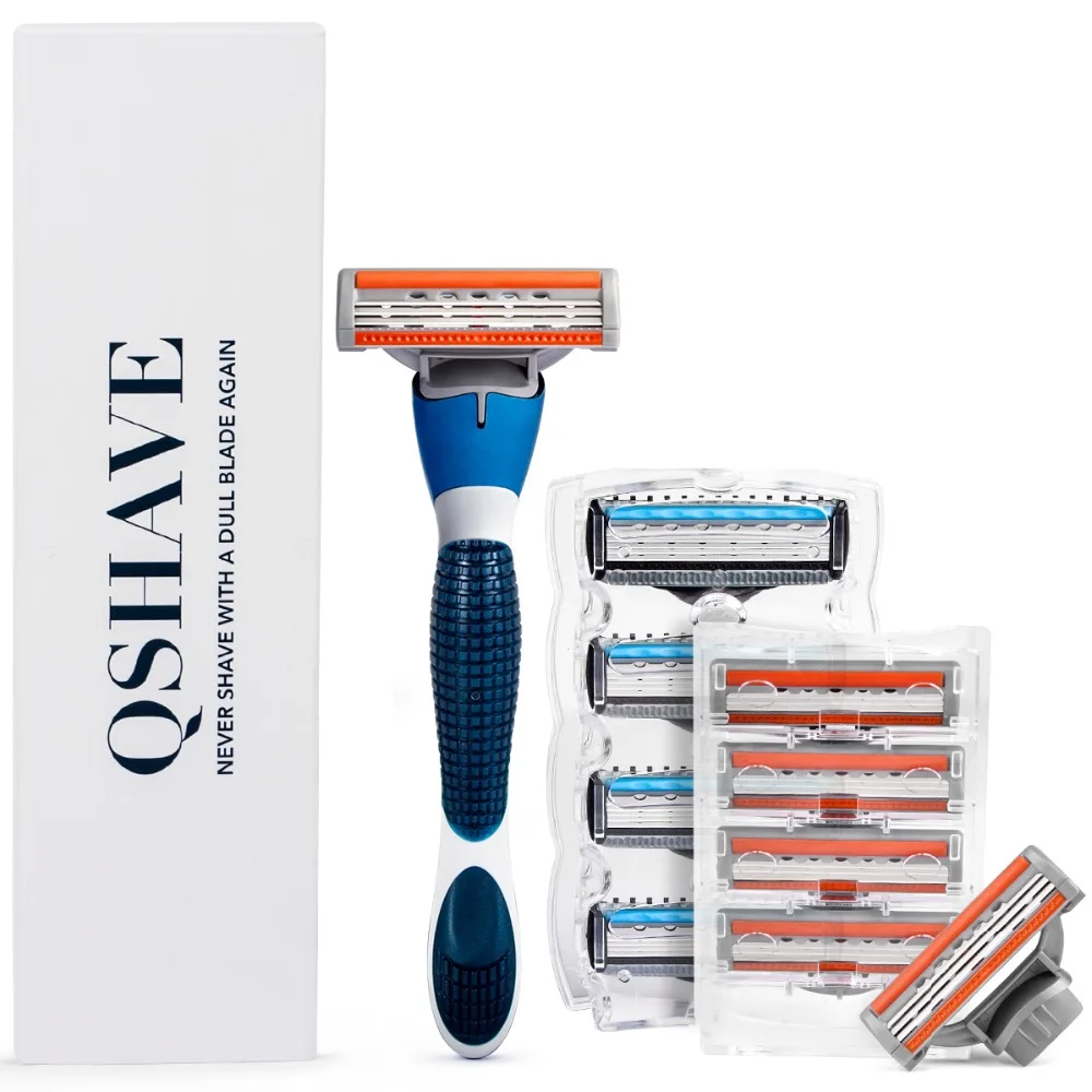 Синяя мужская бритва QShave может спроектировать ваше имя на ручке, 10 картриджей и 1 ручка(6 шт. лезвия X3, 4 шт. лезвия X5, 1 шт. ручка