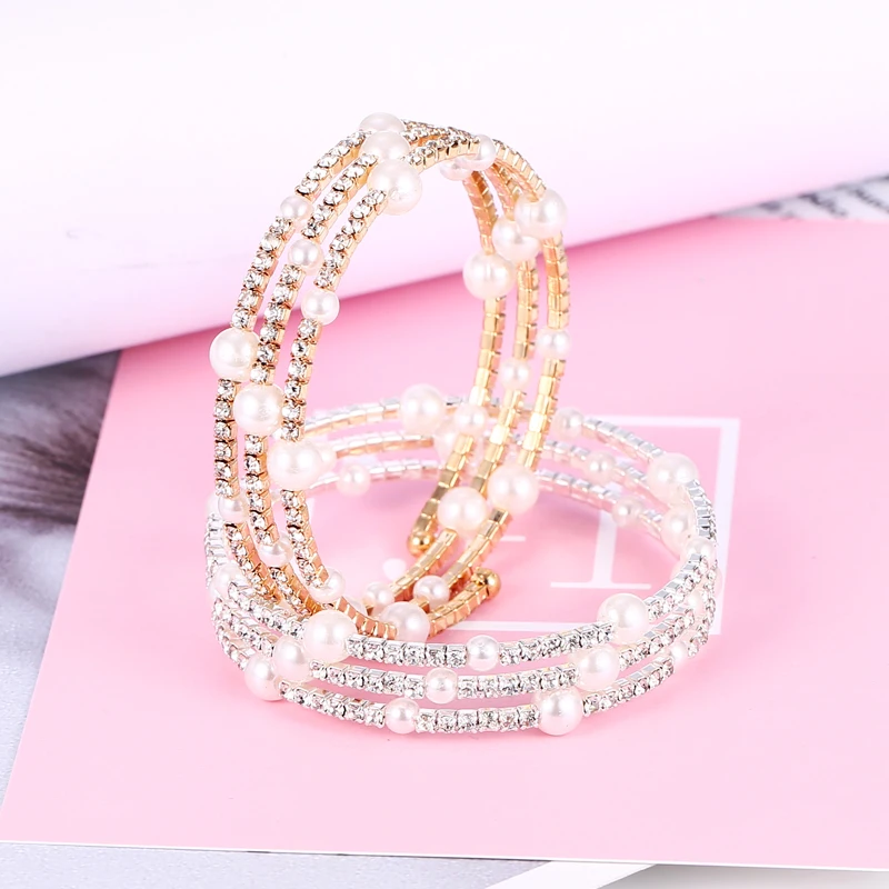 

Bohopan 2019 Fashion Summer Women Elegant Bracelets Shine Rhinestone Gold/Silver Color Bracelets Bangles Pearl Bracelet For Gift