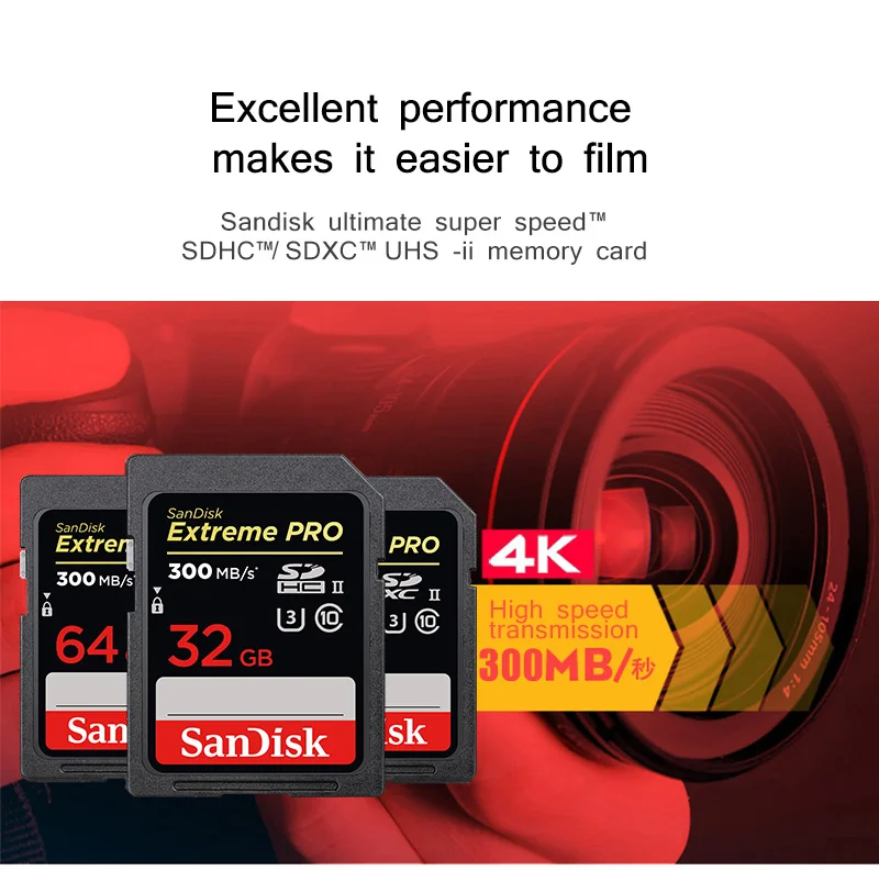 Двойной флеш-накопитель SanDisk Extreme PRO SD Card 64 Гб оперативной памяти, 32 Гб встроенной памяти SD карты U3 высокое Скорость слот для карт памяти UHS-II Class 10 300 МБ/с