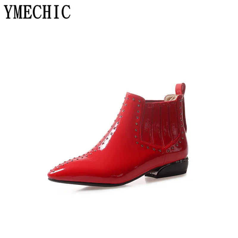 YMECHIC/модные женские ботинки Челси на низком каблуке столбике цвет красный черный